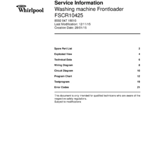 Whirlpool fscr10425 service manual cover Whirlpool logo, Whirlpool EMEA customer service, model type, publication date, document number and service manual contents