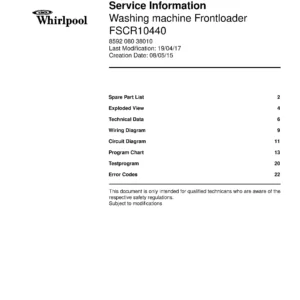 Whirlpool fscr10440 service manual cover Whirlpool logo, Whirlpool EMEA customer service, model type, publication date, document number and service manual contents