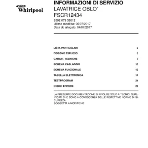 Whirlpool fscr12434 copertina del manuale di servizio Whirlpool logo, Whirlpool EMEA customer service, model type, publication date, document number and service manual contents