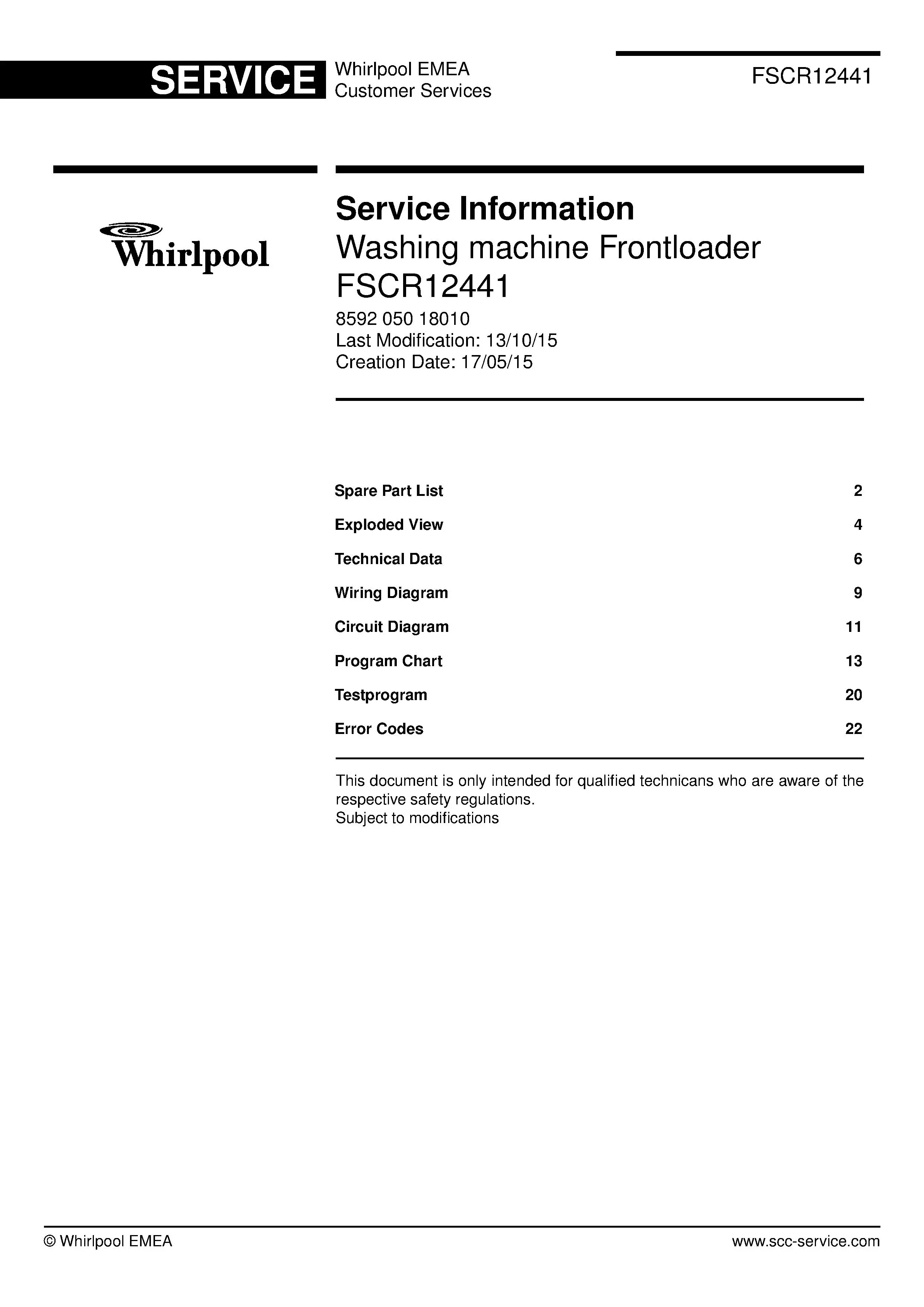 Whirlpool fscr12441 service manual cover Whirlpool logo, Whirlpool EMEA customer service, model type, publication date, document number and service manual contents