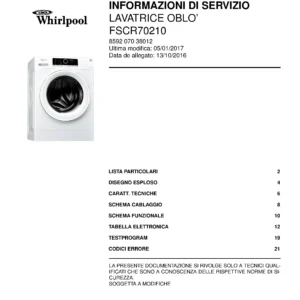 Whirlpool fscr70210 copertina del manuale di servizio Whirlpool logo, Whirlpool EMEA customer service, model type, publication date, document number and service manual contents