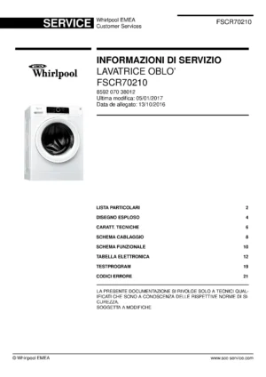 Whirlpool fscr70210 copertina del manuale di servizio Whirlpool logo, Whirlpool EMEA customer service, model type, publication date, document number and service manual contents