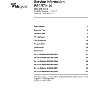 Whirlpool fscr70410 service manual cover Whirlpool logo, Whirlpool EMEA customer service, model type, publication date, document number and service manual contents