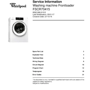 Whirlpool fscr70415 service manual cover Whirlpool logo, Whirlpool EMEA customer service, model type, publication date, document number and service manual contents
