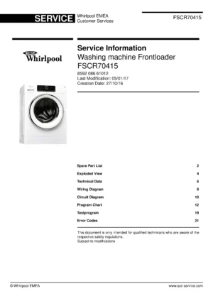 Whirlpool fscr70415 service manual cover Whirlpool logo, Whirlpool EMEA customer service, model type, publication date, document number and service manual contents