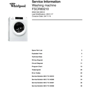 Whirlpool fscr80210 service manual cover Whirlpool logo, Whirlpool EMEA customer service, model type, publication date, document number and service manual contents