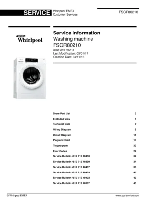 Whirlpool fscr80210 service manual cover Whirlpool logo, Whirlpool EMEA customer service, model type, publication date, document number and service manual contents