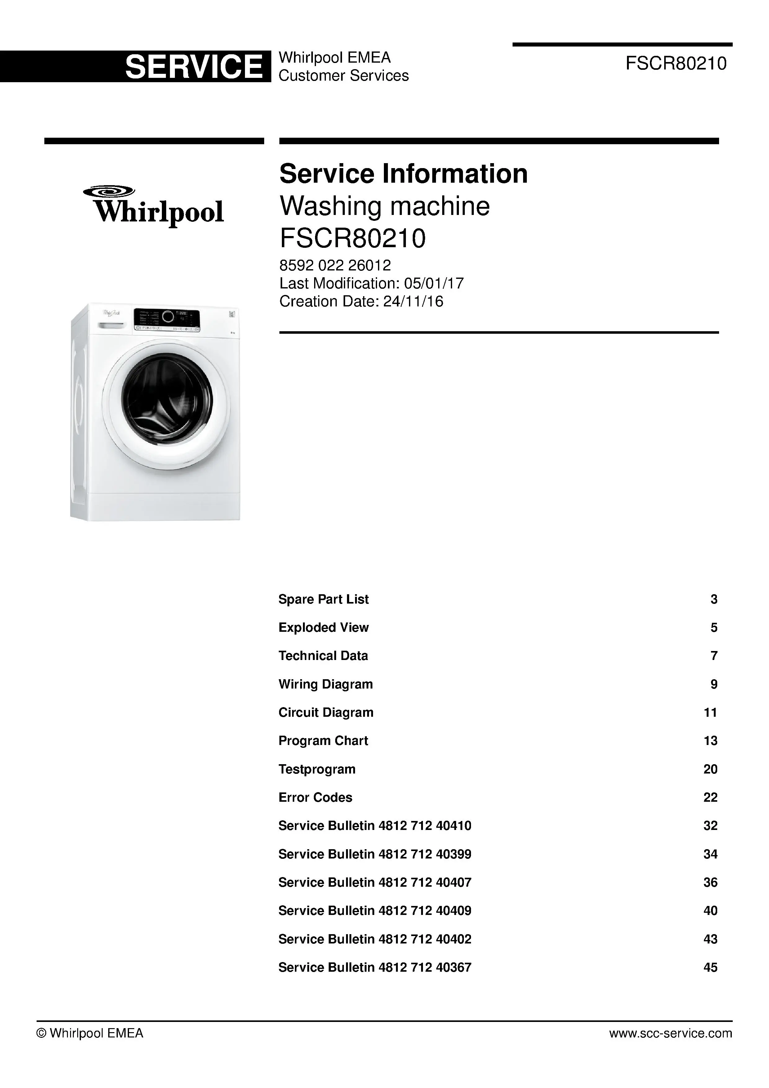 Whirlpool fscr80210 service manual cover Whirlpool logo, Whirlpool EMEA customer service, model type, publication date, document number and service manual contents