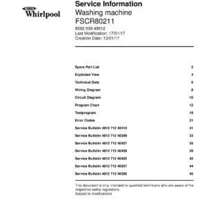 Whirlpool fscr80211 service manual cover Whirlpool logo, Whirlpool EMEA customer service, model type, publication date, document number and service manual contents
