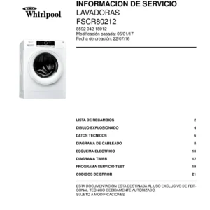 Whirlpool fscr80212 portada del manual de servicio Whirlpool logo, Whirlpool EMEA customer service, model type, publication date, document number and service manual contents