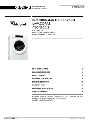 Whirlpool fscr80212 portada del manual de servicio Whirlpool logo, Whirlpool EMEA customer service, model type, publication date, document number and service manual contents