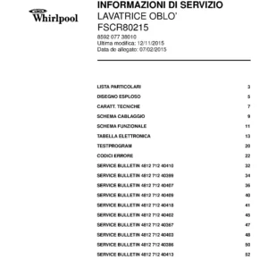 Whirlpool fscr80215 copertina del manuale di servizio Whirlpool logo, Whirlpool EMEA customer service, model type, publication date, document number and service manual contents