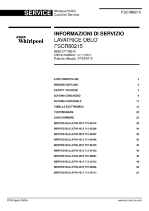 Whirlpool fscr80215 copertina del manuale di servizio Whirlpool logo, Whirlpool EMEA customer service, model type, publication date, document number and service manual contents
