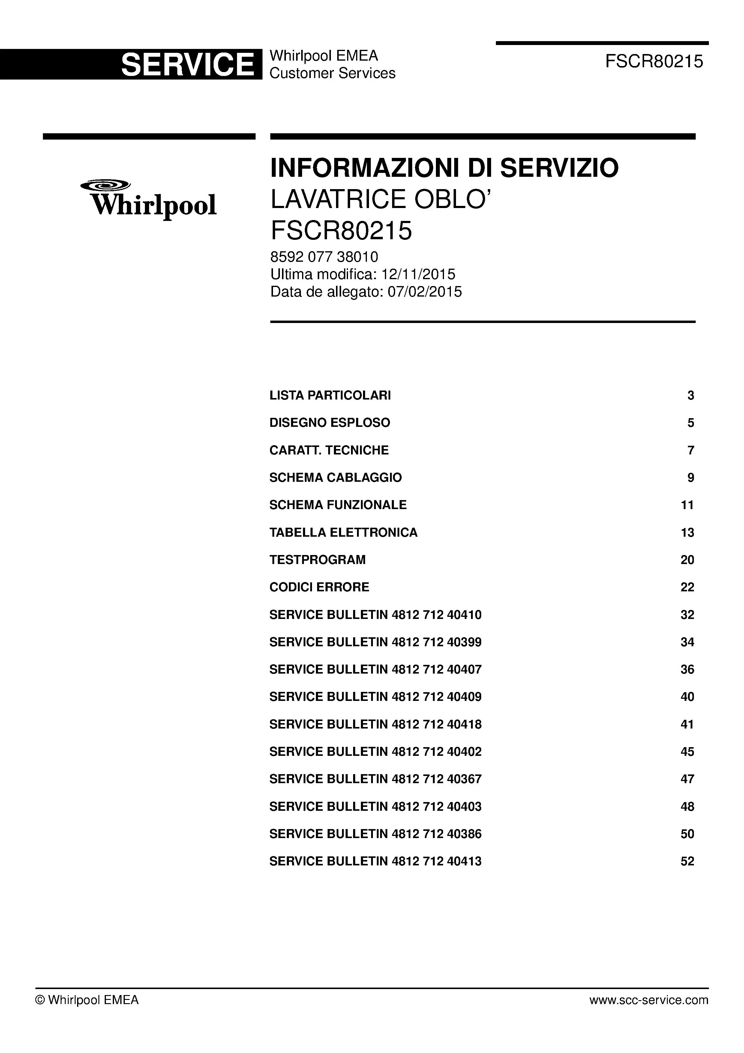 Whirlpool fscr80215 copertina del manuale di servizio Whirlpool logo, Whirlpool EMEA customer service, model type, publication date, document number and service manual contents