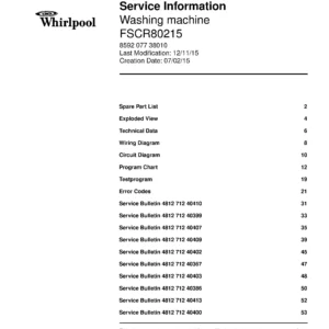Whirlpool fscr80215 service manual cover Whirlpool logo, Whirlpool EMEA customer service, model type, publication date, document number and service manual contents