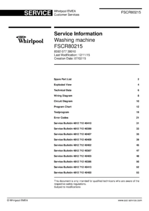 Whirlpool fscr80215 service manual cover Whirlpool logo, Whirlpool EMEA customer service, model type, publication date, document number and service manual contents
