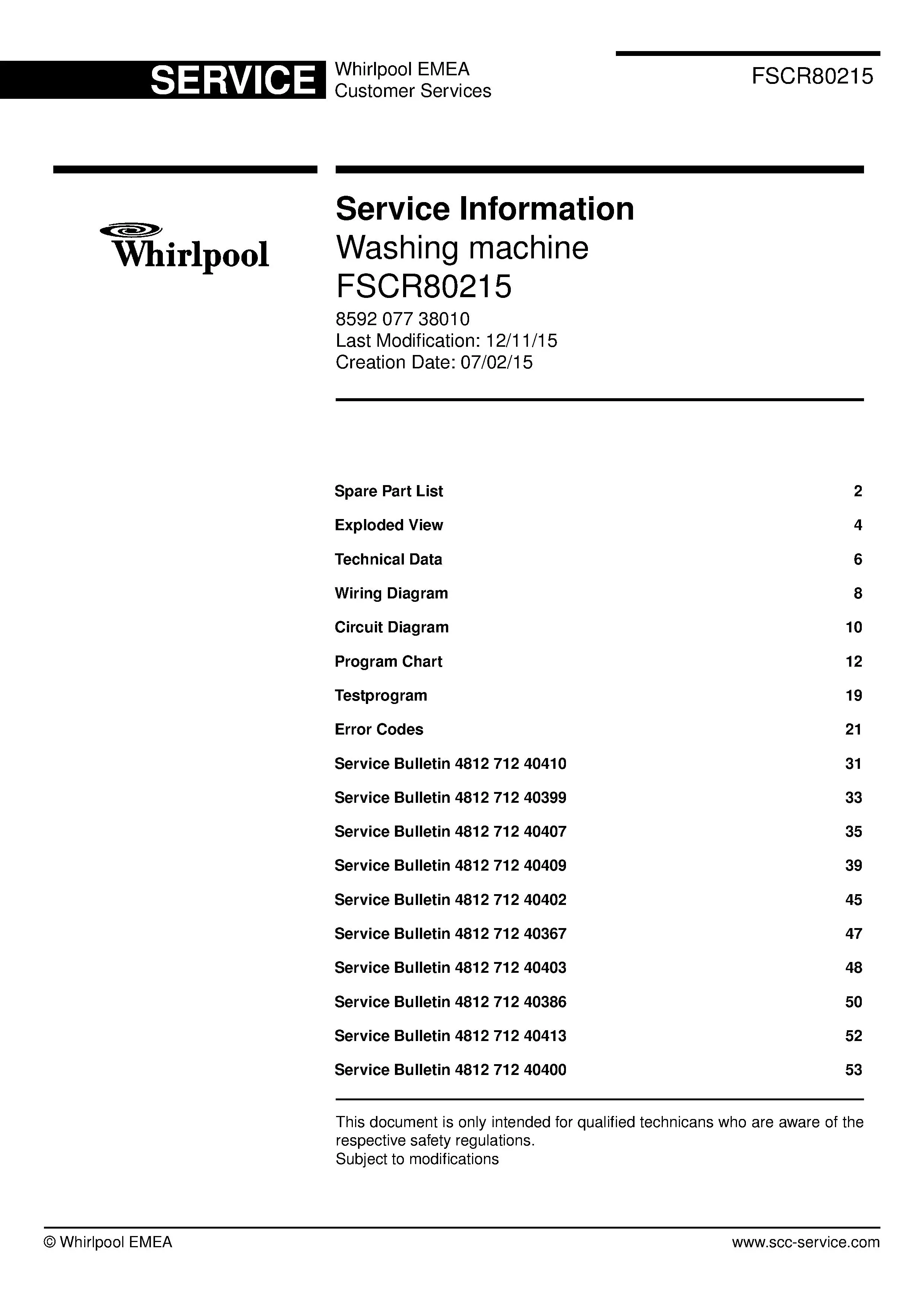 Whirlpool fscr80215 service manual cover Whirlpool logo, Whirlpool EMEA customer service, model type, publication date, document number and service manual contents