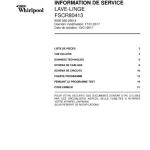 Whirlpool fscr80413 couverture du manuel d entretien Whirlpool logo, Whirlpool EMEA customer service, model type, publication date, document number and service manual contents