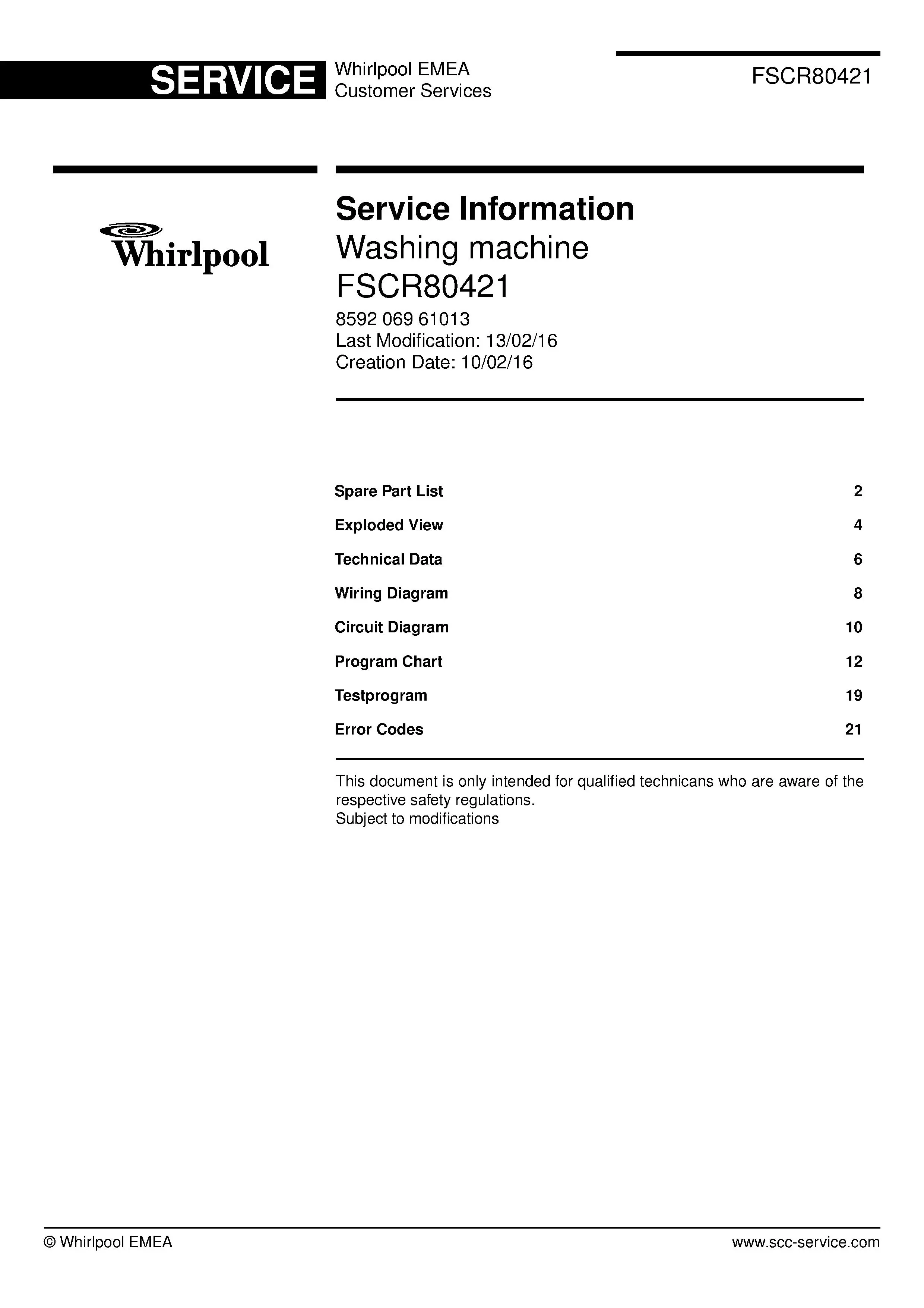 Whirlpool fscr80421 service manual cover Whirlpool logo, Whirlpool EMEA customer service, model type, publication date, document number and service manual contents