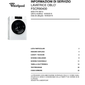 Whirlpool fscr90430 copertina del manuale di servizio Whirlpool logo, Whirlpool EMEA customer service, model type, publication date, document number and service manual contents