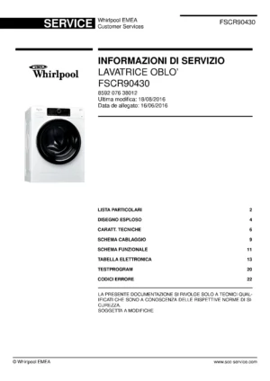 Whirlpool fscr90430 copertina del manuale di servizio Whirlpool logo, Whirlpool EMEA customer service, model type, publication date, document number and service manual contents
