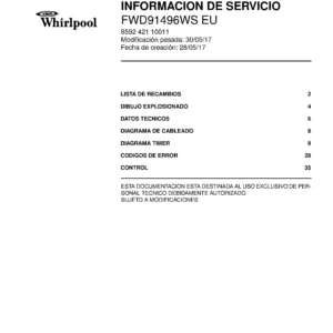 Whirlpool fwd91496ws eu portada del manual de servicio Whirlpool logo, Whirlpool EMEA customer service, model type, publication date, document number and service manual contents