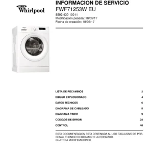 Whirlpool fwf71253w eu portada del manual de servicio Whirlpool logo, Whirlpool EMEA customer service, model type, publication date, document number and service manual contents