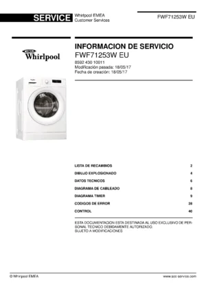 Whirlpool fwf71253w eu portada del manual de servicio Whirlpool logo, Whirlpool EMEA customer service, model type, publication date, document number and service manual contents