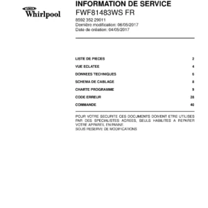 Whirlpool fwf81483ws fr couverture du manuel d entretien Whirlpool logo, Whirlpool EMEA customer service, model type, publication date, document number and service manual contents