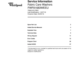 Whirlpool fwf81683we eu service manual cover Whirlpool logo, Whirlpool EMEA customer service, model type, publication date, document number and service manual contents