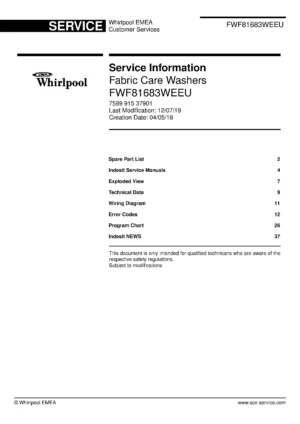 Whirlpool fwf81683we eu service manual cover Whirlpool logo, Whirlpool EMEA customer service, model type, publication date, document number and service manual contents
