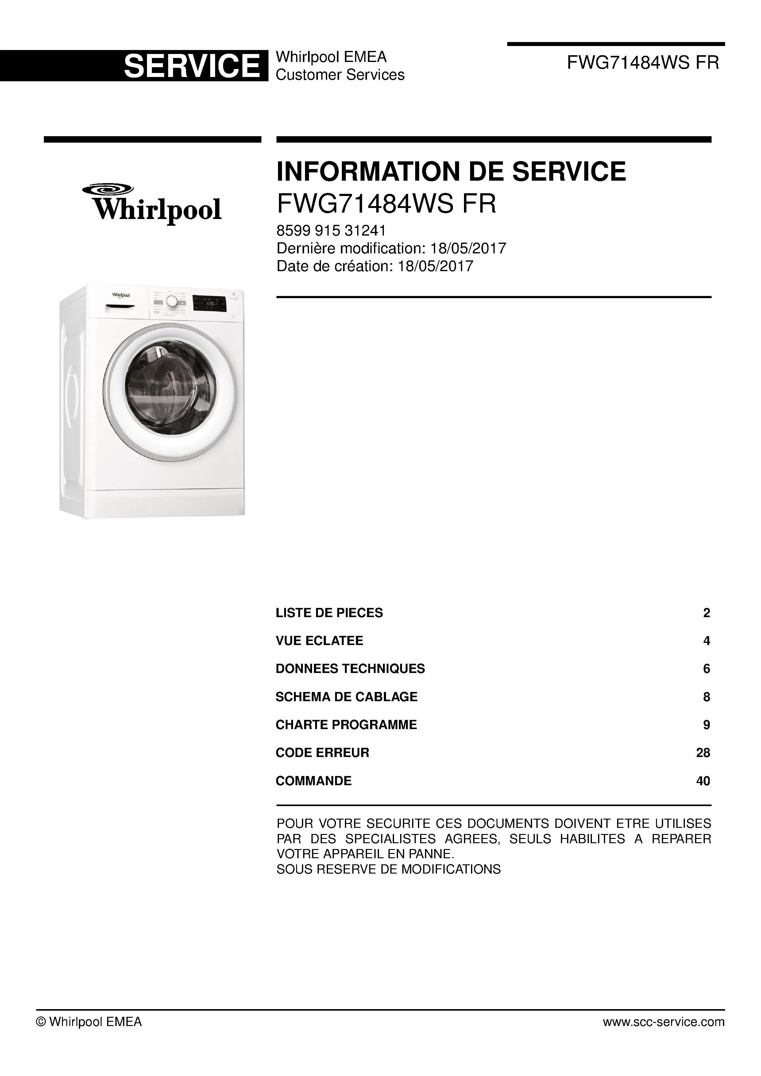 Whirlpool fwg71484ws fr couverture du manuel d entretien Whirlpool logo, Whirlpool EMEA customer service, model type, publication date, document number and service manual contents