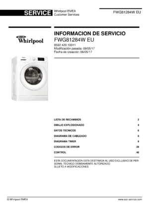 Whirlpool fwg81284w eu portada del manual de servicio Whirlpool logo, Whirlpool EMEA customer service, model type, publication date, document number and service manual contents