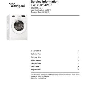 Whirlpool fwg81284w pl service manual cover Whirlpool logo, Whirlpool EMEA customer service, model type, publication date, document number and service manual contents