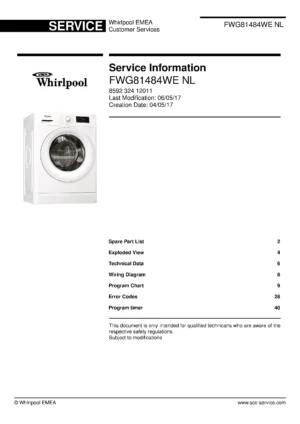 Whirlpool fwg81484we nl service manual cover Whirlpool logo, Whirlpool EMEA customer service, model type, publication date, document number and service manual contents
