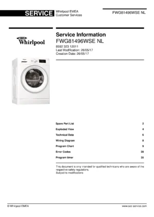 Whirlpool fwg81496wse nl service manual cover Whirlpool logo, Whirlpool EMEA customer service, model type, publication date, document number and service manual contents