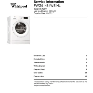 Whirlpool fwg91484we nl service manual cover Whirlpool logo, Whirlpool EMEA customer service, model type, publication date, document number and service manual contents