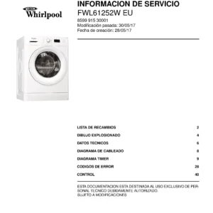 Whirlpool fwl61252w eu portada del manual de servicio Whirlpool logo, Whirlpool EMEA customer service, model type, publication date, document number and service manual contents