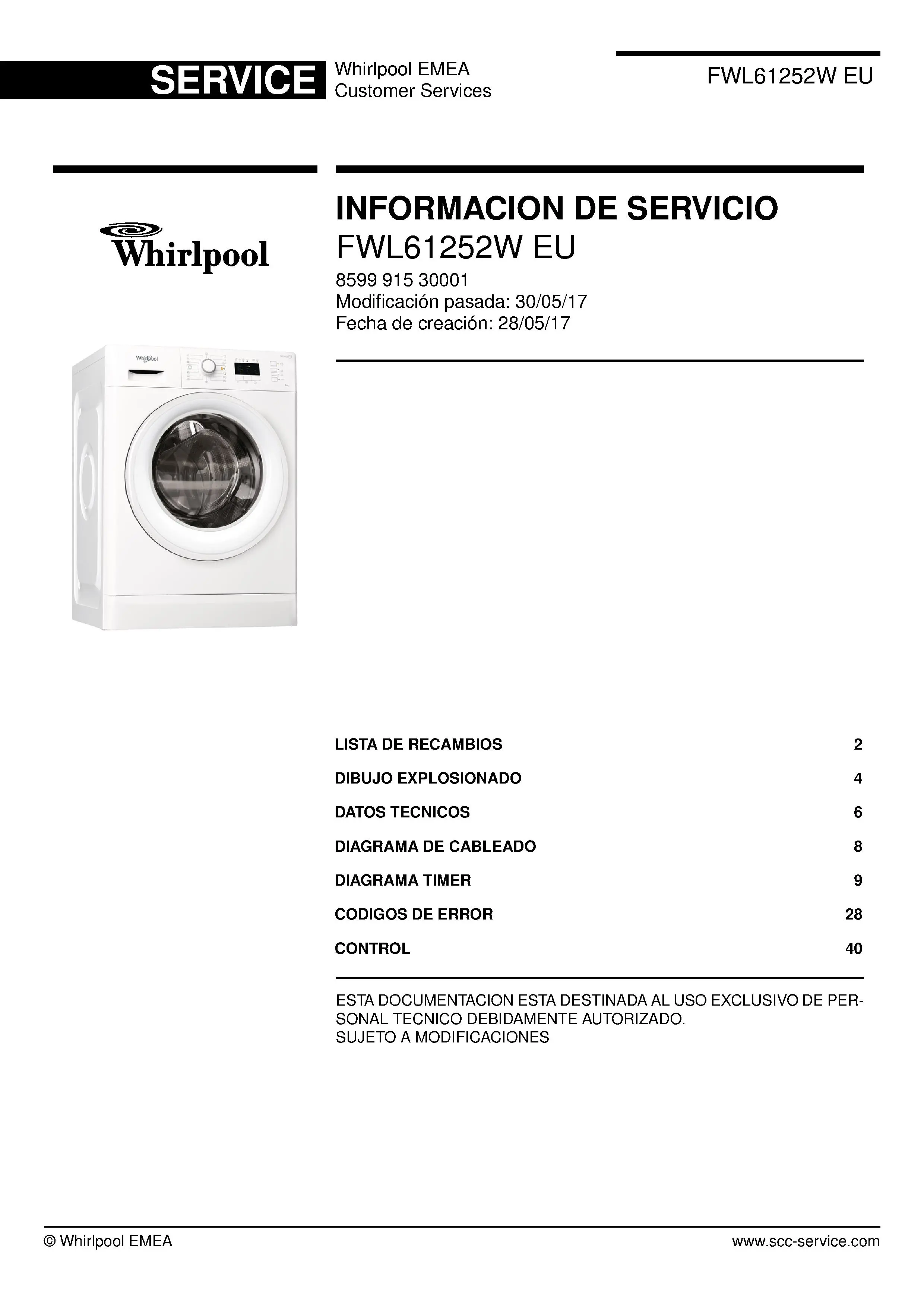 Whirlpool fwl61252w eu portada del manual de servicio Whirlpool logo, Whirlpool EMEA customer service, model type, publication date, document number and service manual contents