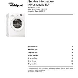 Whirlpool fwl61252w eu service manual cover Whirlpool logo, Whirlpool EMEA customer service, model type, publication date, document number and service manual contents