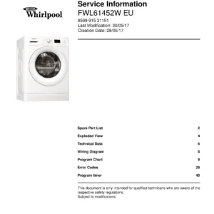 Whirlpool fwl61452w eu service manual cover Whirlpool logo, Whirlpool EMEA customer service, model type, publication date, document number and service manual contents