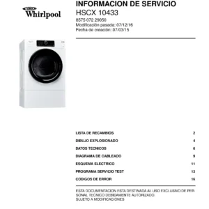 Whirlpool hscx 10433 portada del manual de servicio Whirlpool logo, Whirlpool EMEA customer service, model type, publication date, document number and service manual contents