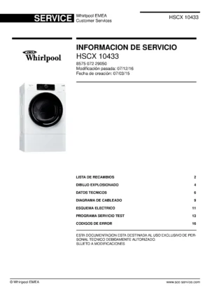 Whirlpool hscx 10433 portada del manual de servicio Whirlpool logo, Whirlpool EMEA customer service, model type, publication date, document number and service manual contents