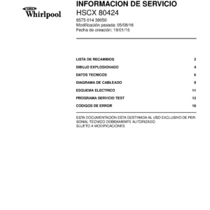 Whirlpool hscx 80424 portada del manual de servicio Whirlpool logo, Whirlpool EMEA customer service, model type, publication date, document number and service manual contents