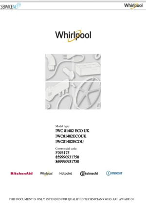 Whirlpool iwc 81482 eco service manual cover Whirlpool logo, Whirlpool EMEA customer service, model type, publication date, document number and service manual contents