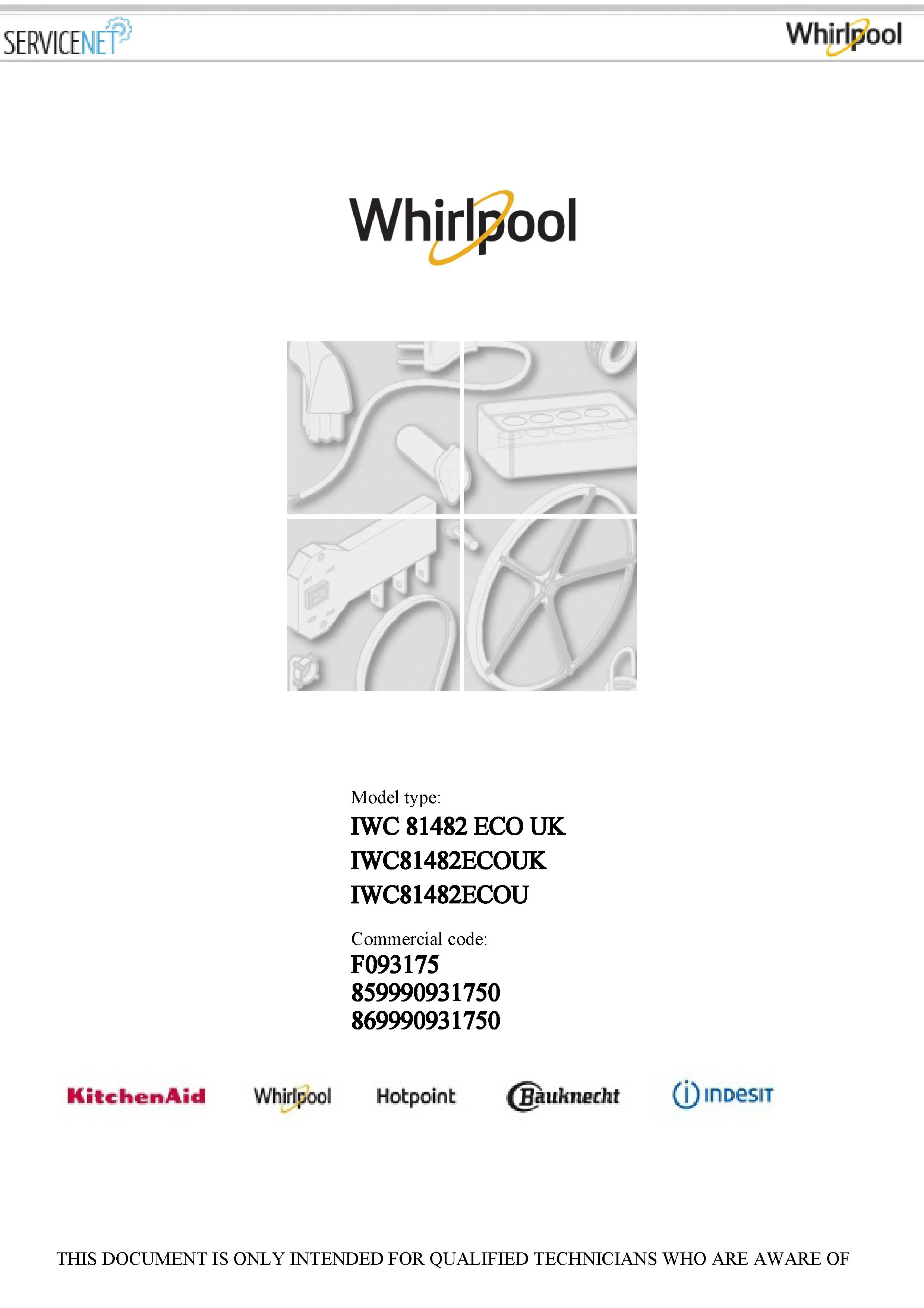 Whirlpool iwc 81482 eco service manual cover Whirlpool logo, Whirlpool EMEA customer service, model type, publication date, document number and service manual contents