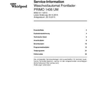 Whirlpool primo 1406 um deckblatt der serviceanleitung Whirlpool logo, Whirlpool EMEA customer service, model type, publication date, document number and service manual contents