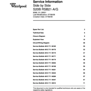 Whirlpool s20b rsb21 service manual cover with model code, manual contents and publication date
