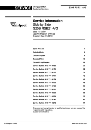 Whirlpool s20b rsb21 service manual cover with model code, manual contents and publication date