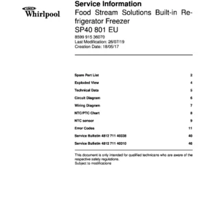 Whirlpool sp40 801 eu service manual cover with model code, manual contents and publication date